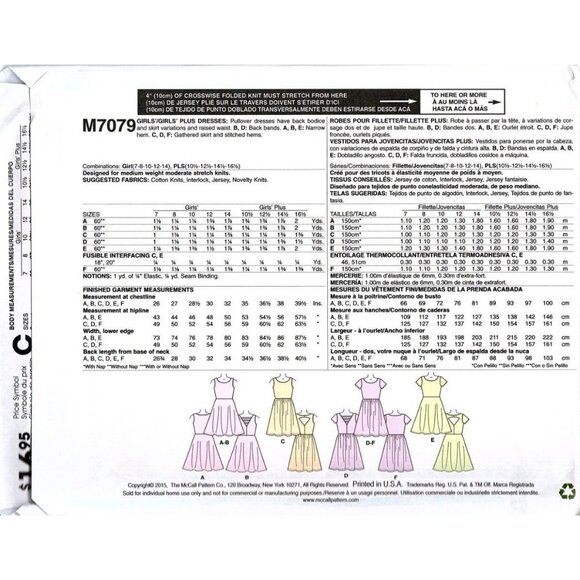 McCall's M7079 Girls Plus 10.5 to 16.5 Pullover Dress Uncut Sewing Pattern New - Picture 2 of 2